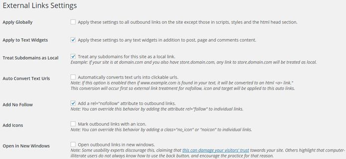 External Links nofollow settings