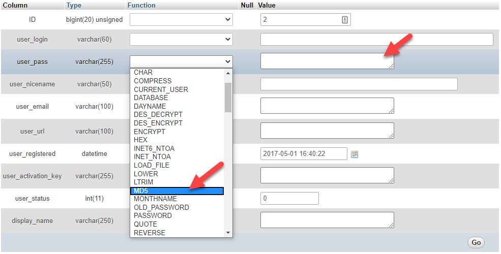 Input New Password in MD5 Format