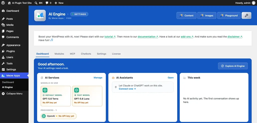 AI Engine dashboard after install showing its default OpenAI models with no API key added yet