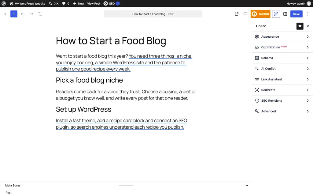 All in One SEO panel in the WordPress editor showing a TruSEO score of 54 out of 100 on a test post, October 2026