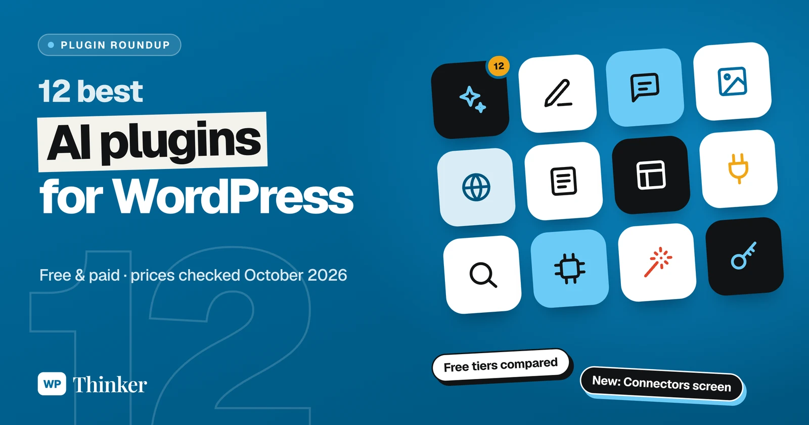 12 best AI plugins for WordPress, free and paid, shown as a grid of AI tool icons