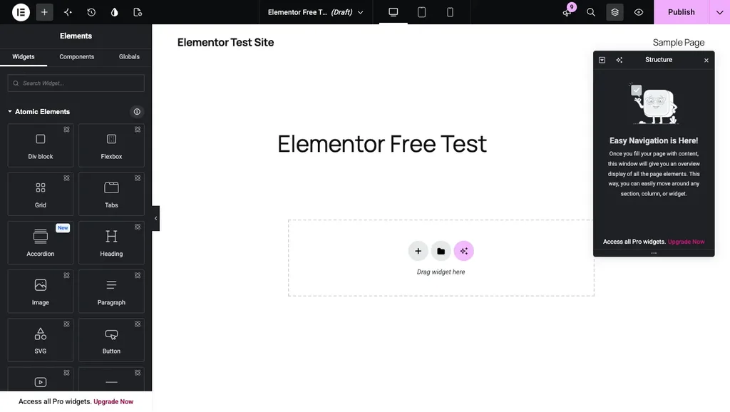 Free Elementor 4.3.5 editor with Atomic Elements at the top of the widget panel and an Upgrade Now link