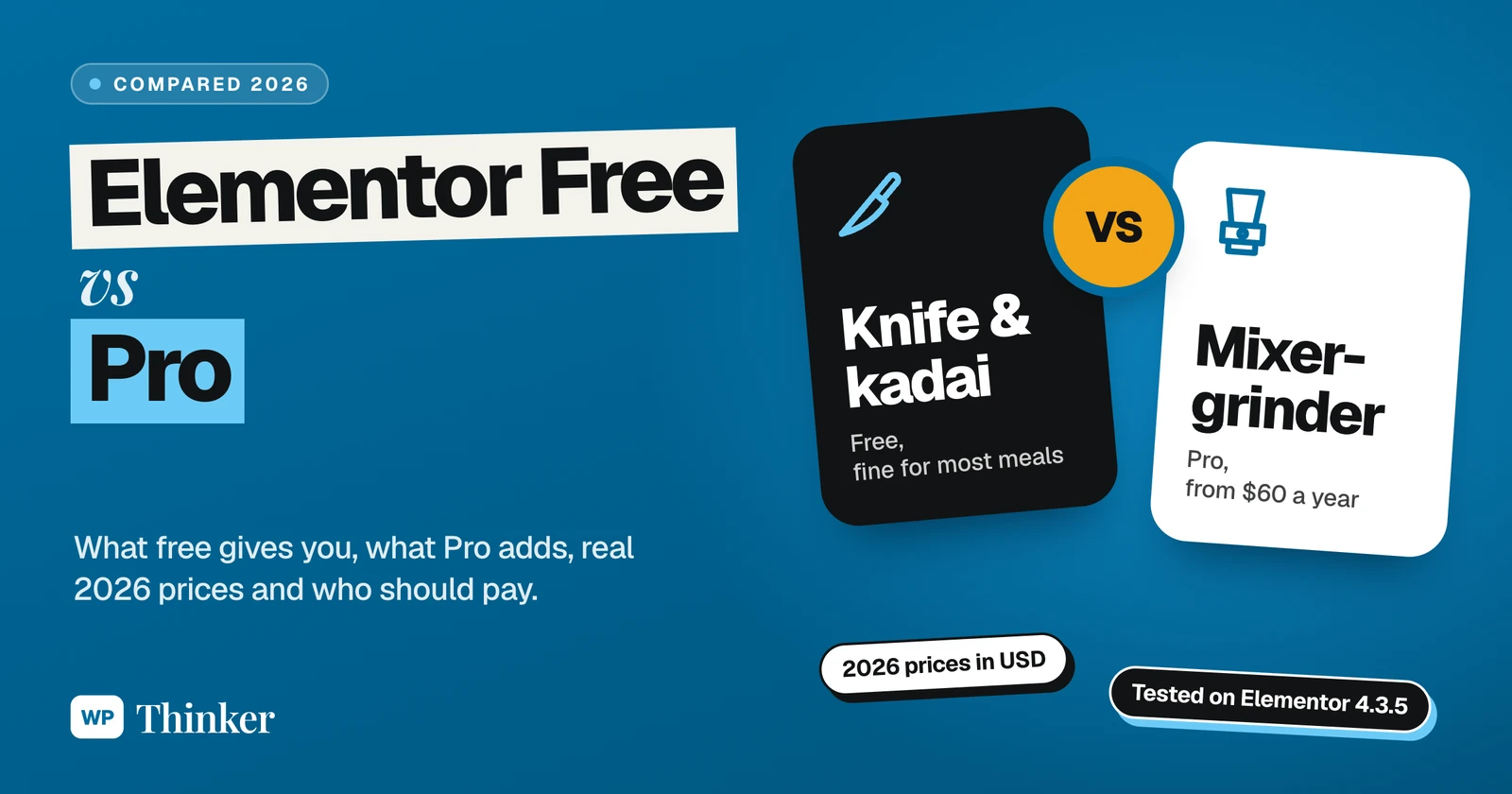 Elementor Free vs Pro compared for 2026: free is the knife and kadai, Pro is the mixer-grinder from $60 a year