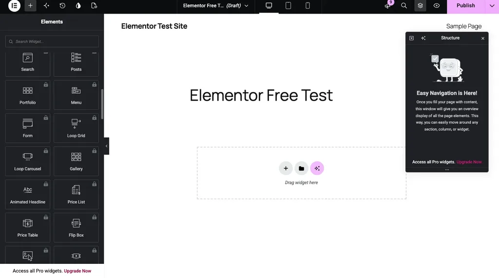 Locked Pro widgets such as Portfolio, Form, Loop Grid and Price Table in the free Elementor widget panel