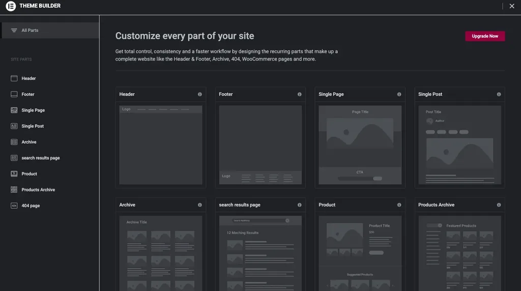 Elementor Theme Builder in the free version, with header, footer, single post and archive parts behind Upgrade Now