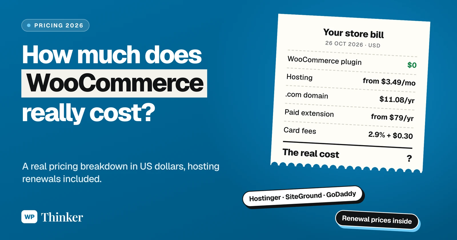 How much does WooCommerce cost: a store bill listing the free plugin, hosting, domain, extensions and card fees in US dollars