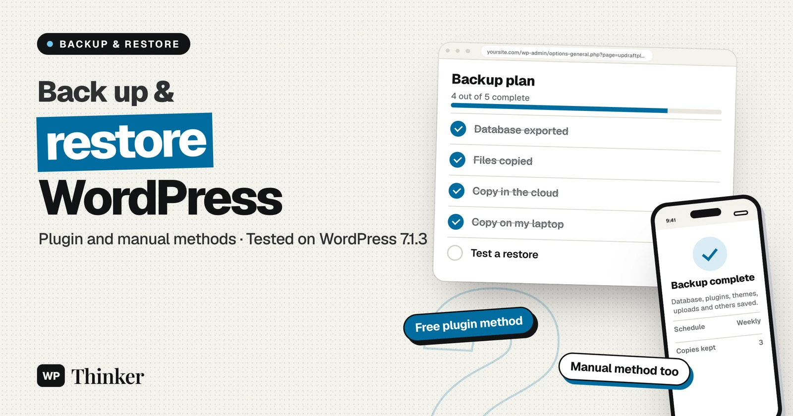 How to back up and restore a WordPress site: a backup plan checklist next to a Backup complete message on a phone