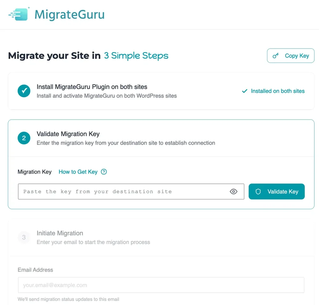 Migrate Guru three-step migration screen with step 1 done and a box for the destination site's migration key