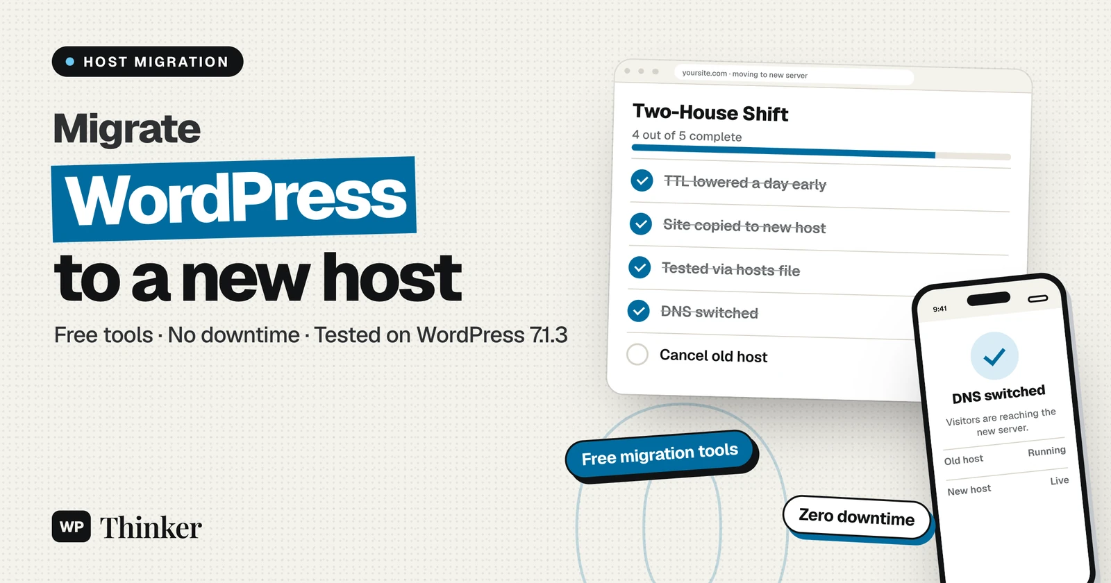 How to migrate a WordPress site to a new host with no downtime: a Two-House Shift checklist and a DNS switched message