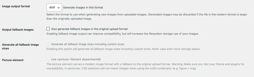 Modern Image Formats options in WordPress 7.1.4 Media settings with AVIF output and fallback image settings