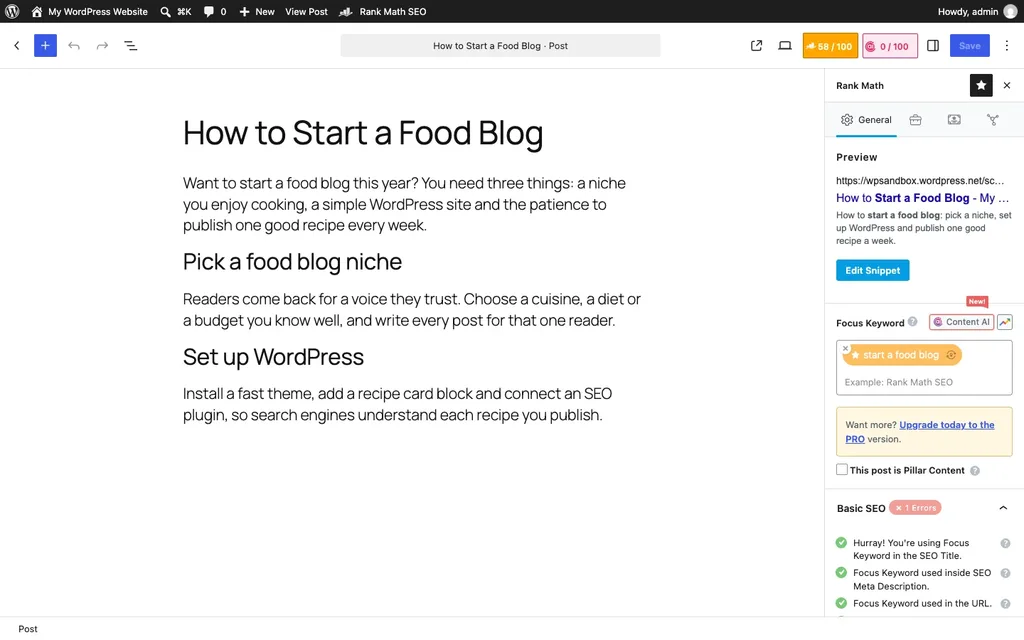 Rank Math SEO panel in the WordPress editor showing a score of 58 out of 100 on the same test post
