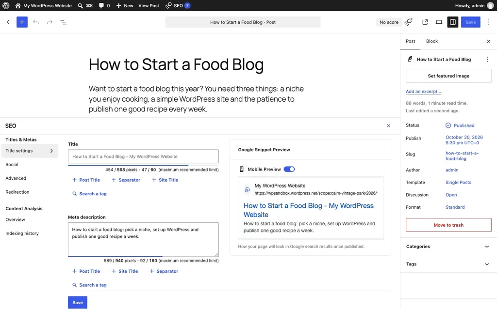 SEOPress box in the WordPress editor with the title, meta description and a Google snippet preview, October 2026