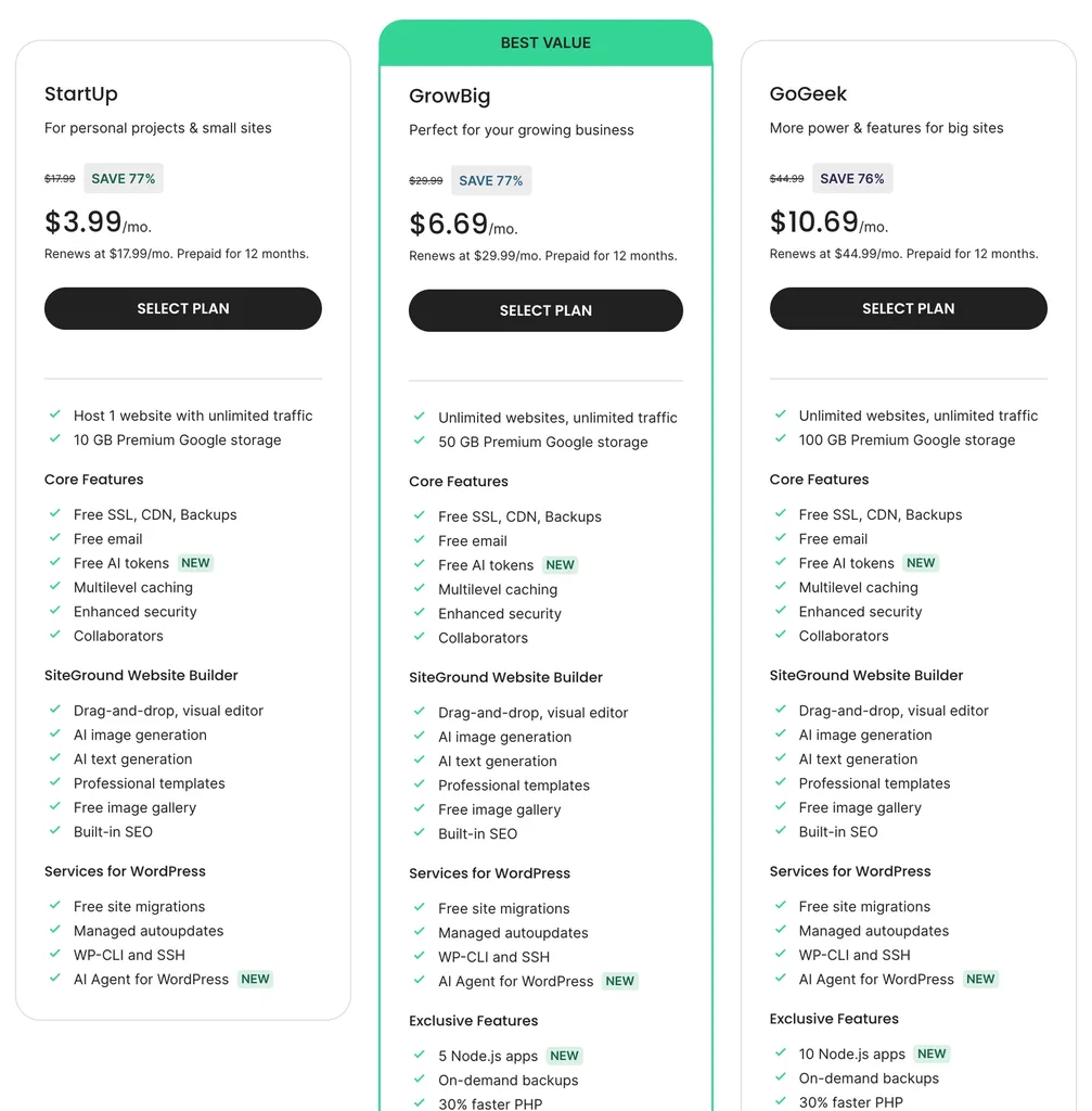 siteground web hosting plans