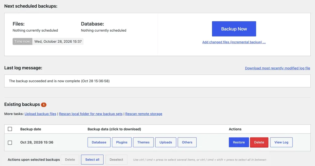 UpdraftPlus Backup/Restore tab with a completed WordPress backup and its Restore, Delete and View Log buttons