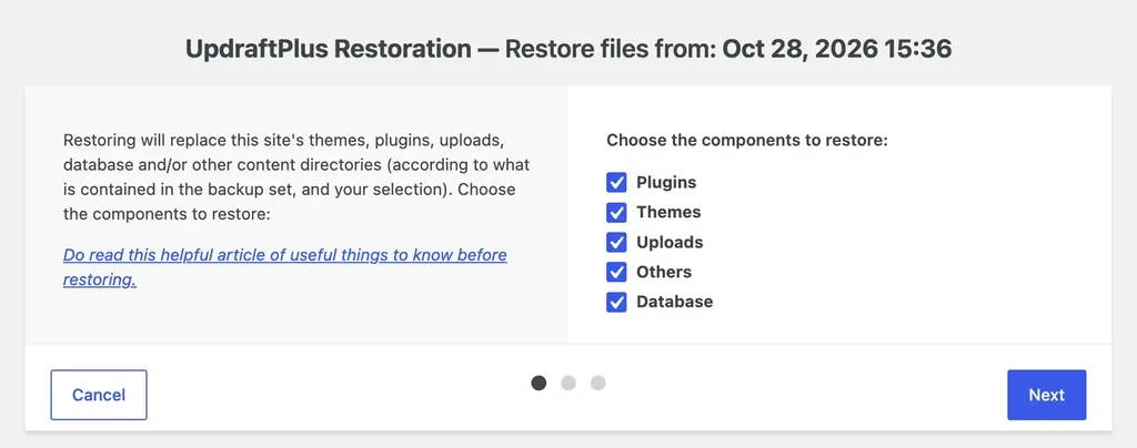 UpdraftPlus restore screen with Plugins, Themes, Uploads, Others and Database selected