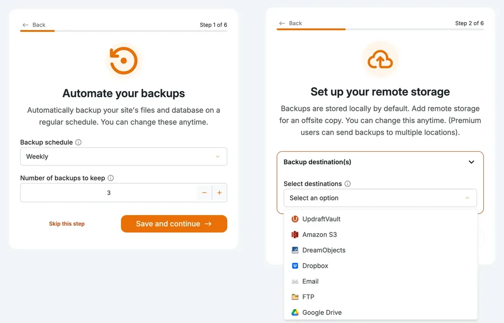UpdraftPlus setup wizard: step 1 with a Weekly schedule and 3 backups kept, and step 2 with the remote storage list open