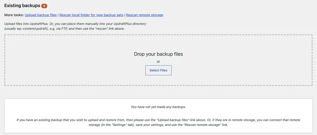 UpdraftPlus Upload backup files area on a fresh WordPress site, with a drop zone and a Select Files button