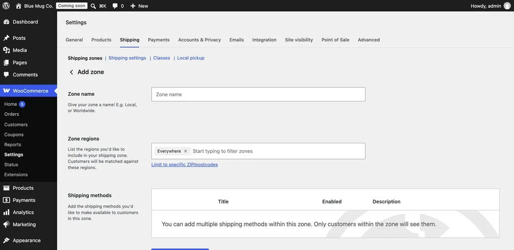 WooCommerce Add zone screen with the zone name, regions and shipping methods