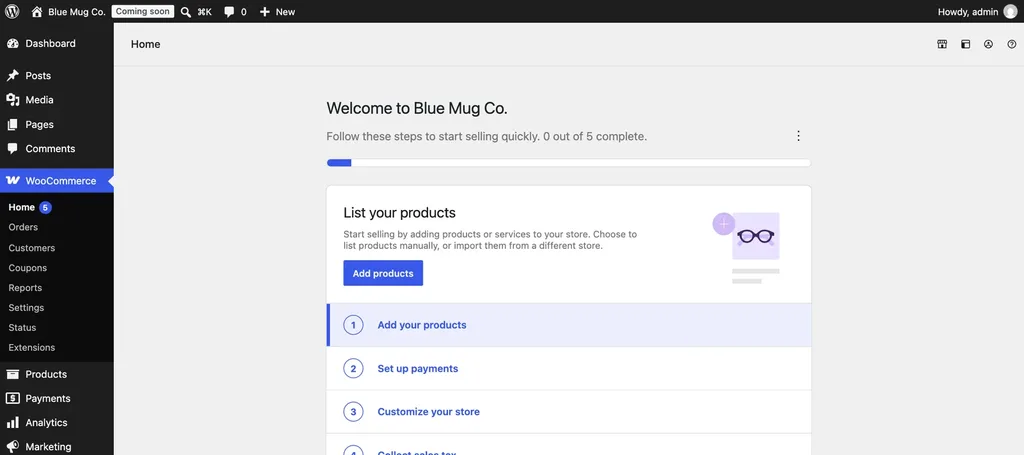 WooCommerce Home screen with the five-step store setup checklist