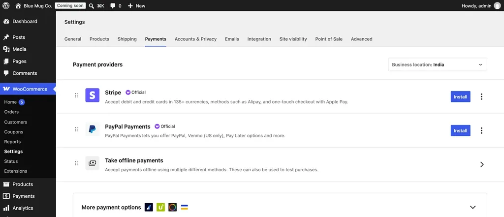 WooCommerce payment providers list showing Stripe, PayPal Payments and offline payments