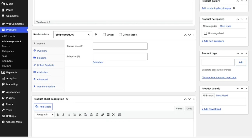 WooCommerce Product data box with the product type, price, inventory and shipping tabs
