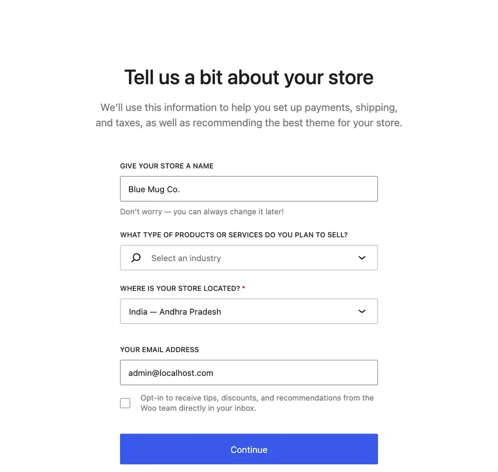 WooCommerce setup wizard asking for the store name, industry, location and email