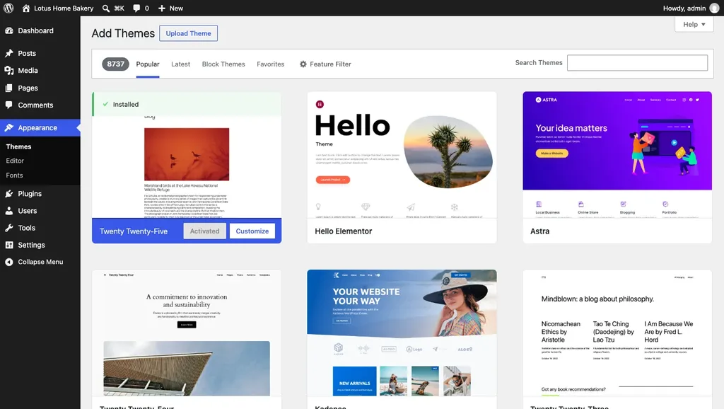 WordPress Add Themes screen showing Twenty Twenty-Five installed next to Hello Elementor and Astra