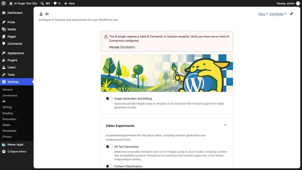 WordPress AI plugin settings page with feature toggles and a warning that an AI connector is required
