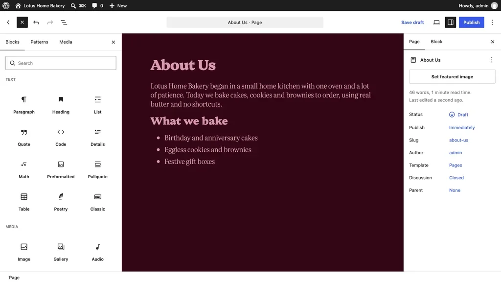 WordPress block editor with the block inserter open while writing an About Us page