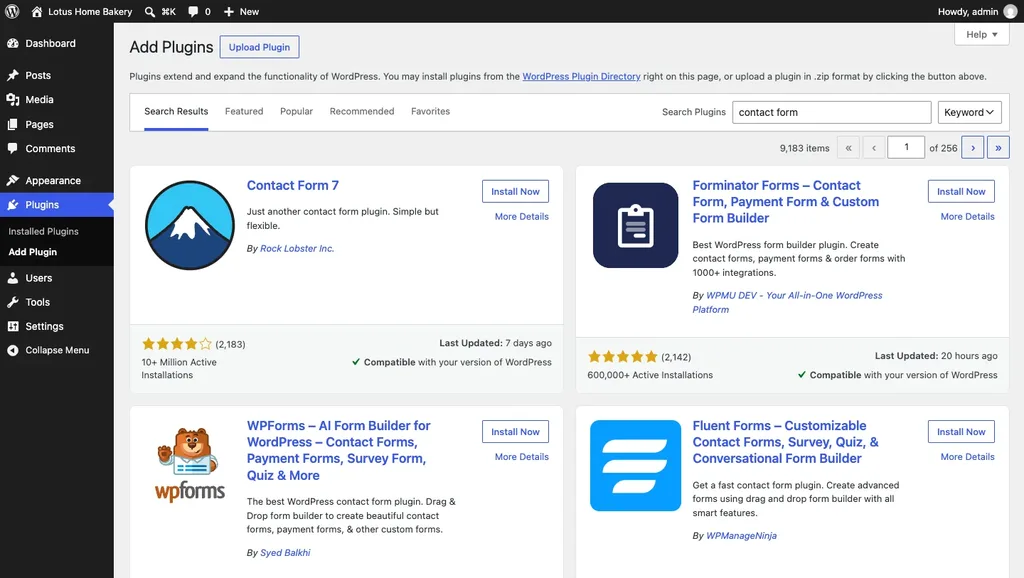 WordPress Add Plugins search results for contact form with Contact Form 7 listed first