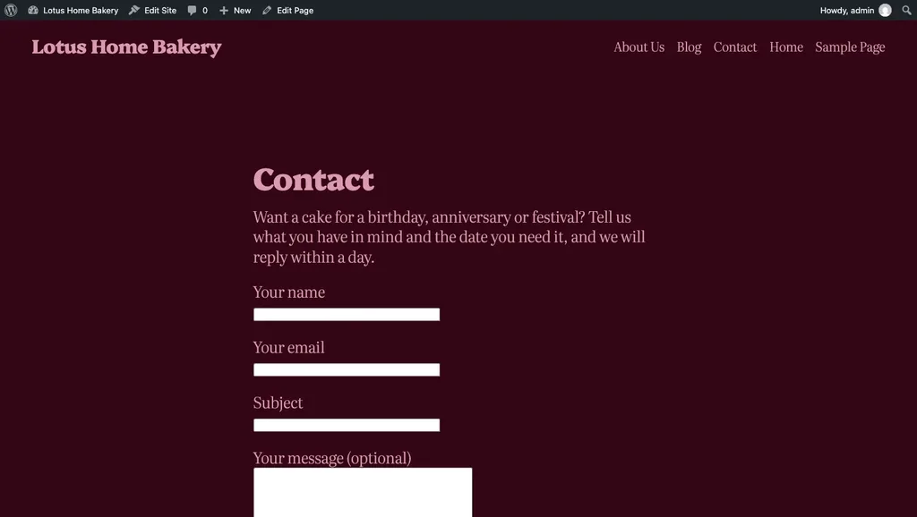 Contact page on the sample bakery site with name, email and subject fields from Contact Form 7