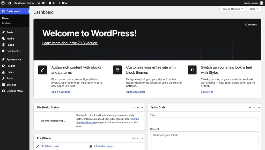 WordPress 7.1.3 dashboard with the Welcome to WordPress panel and the admin menu on the left