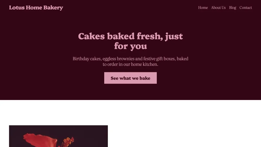 Finished Lotus Home Bakery homepage on desktop with the menu and the Cakes baked fresh banner
