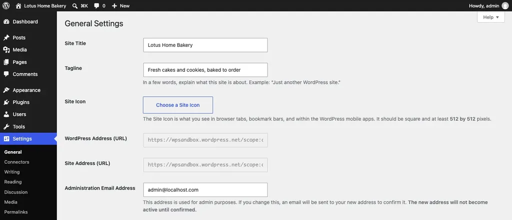WordPress General Settings with Lotus Home Bakery as the Site Title and the tagline filled in