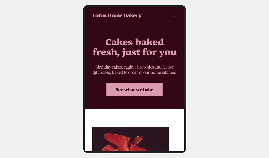 Lotus Home Bakery homepage on a phone screen with the menu collapsed into an icon