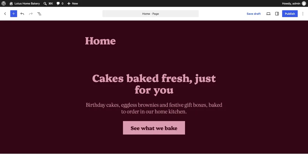 Business homepage pattern edited with the heading Cakes baked fresh, just for you