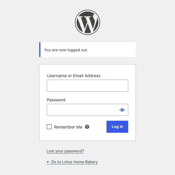 WordPress login page with username and password fields and a Log In button