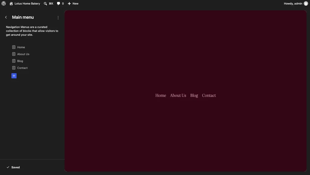 WordPress Site Editor Navigation screen showing Main menu with Home, About Us, Blog and Contact