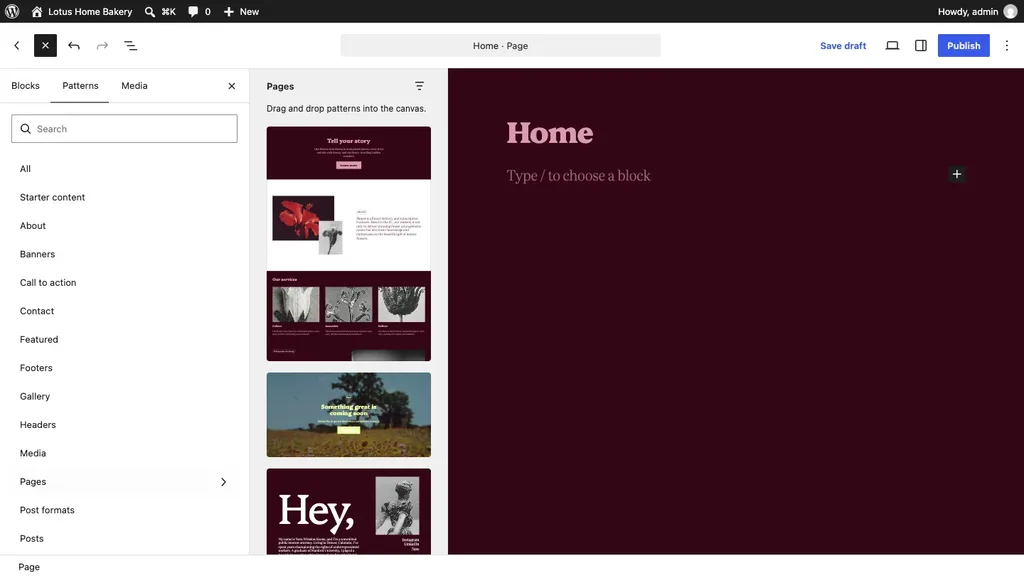 WordPress inserter Patterns tab showing full-page layouts in the Pages category