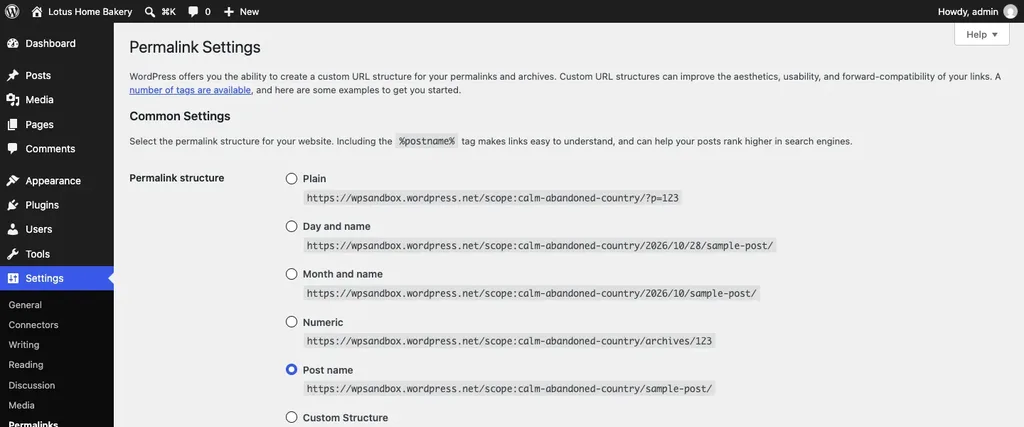 WordPress Permalink Settings with the Post name option selected