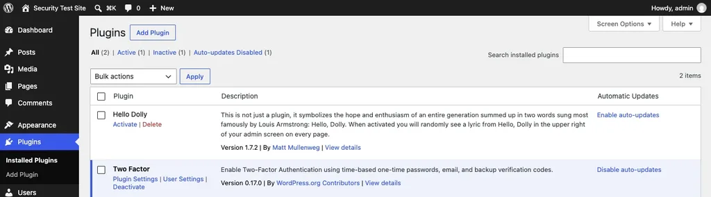 WordPress Plugins screen with auto-updates enabled for the Two Factor plugin and an inactive Hello Dolly plugin