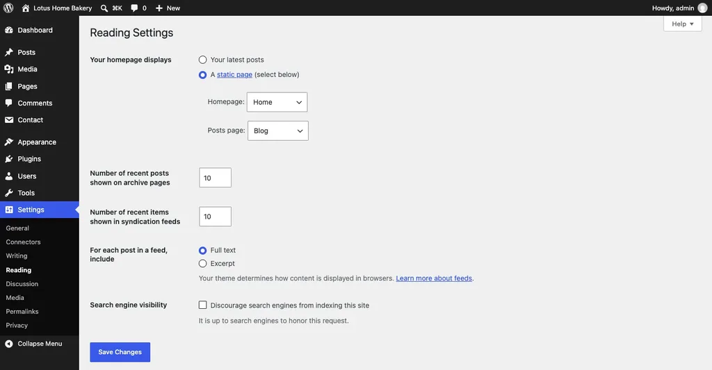 WordPress Reading Settings with Home set as the homepage and Blog as the posts page