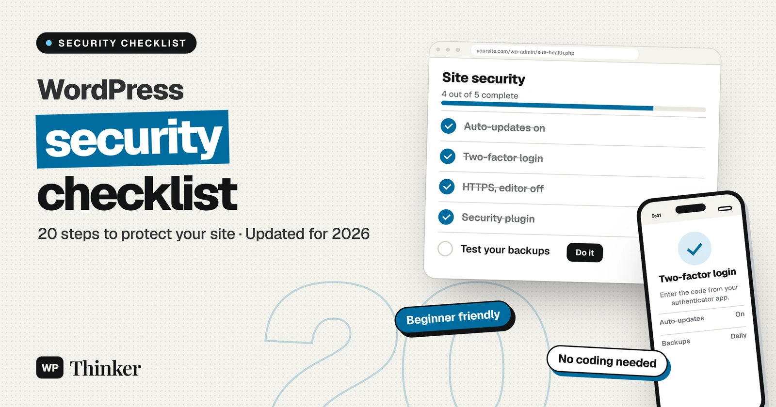 WordPress security checklist: 20 steps to protect your site, with a two-factor login screen on a phone