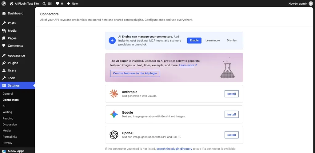 WordPress 7.1.3 Settings, Connectors screen listing Anthropic, Google and OpenAI connectors with Install buttons