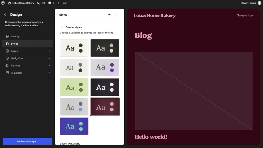 WordPress Site Editor Browse styles panel with nine style variations and Sunrise selected