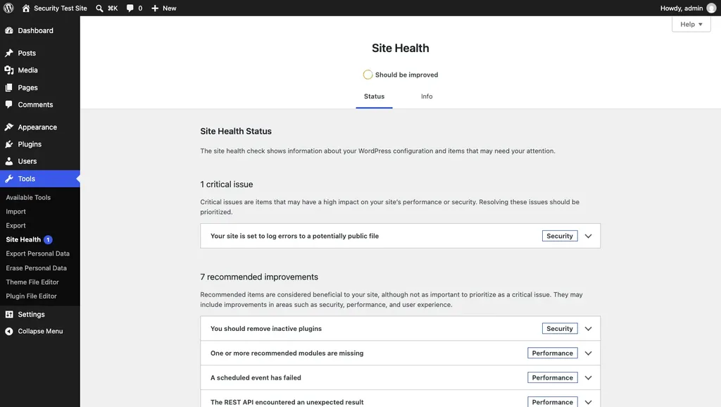 WordPress Site Health screen showing one critical security issue and seven recommended improvements