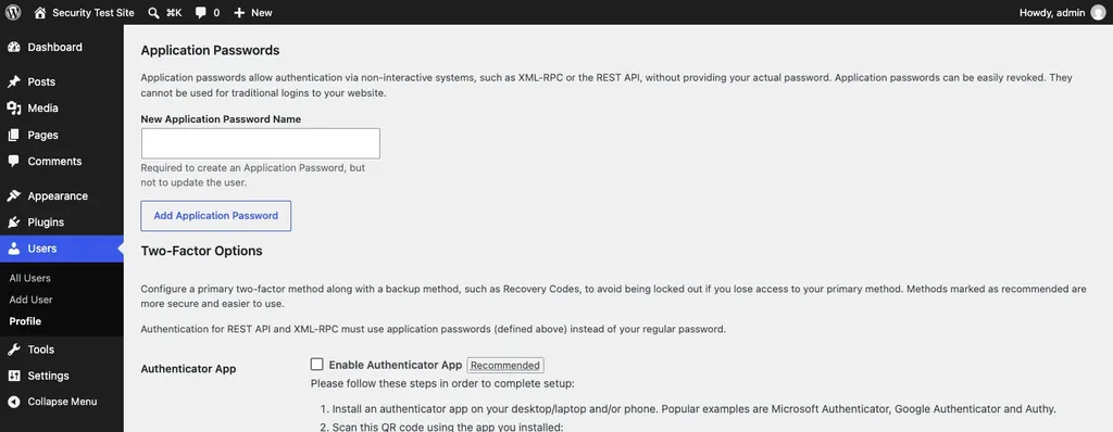 WordPress Profile screen showing the Application Passwords section and Two-Factor Options from the Two Factor plugin