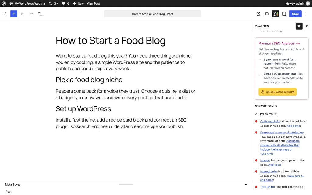 Yoast SEO analysis in the WordPress editor flagging five problems on an 88-word test post, October 2026